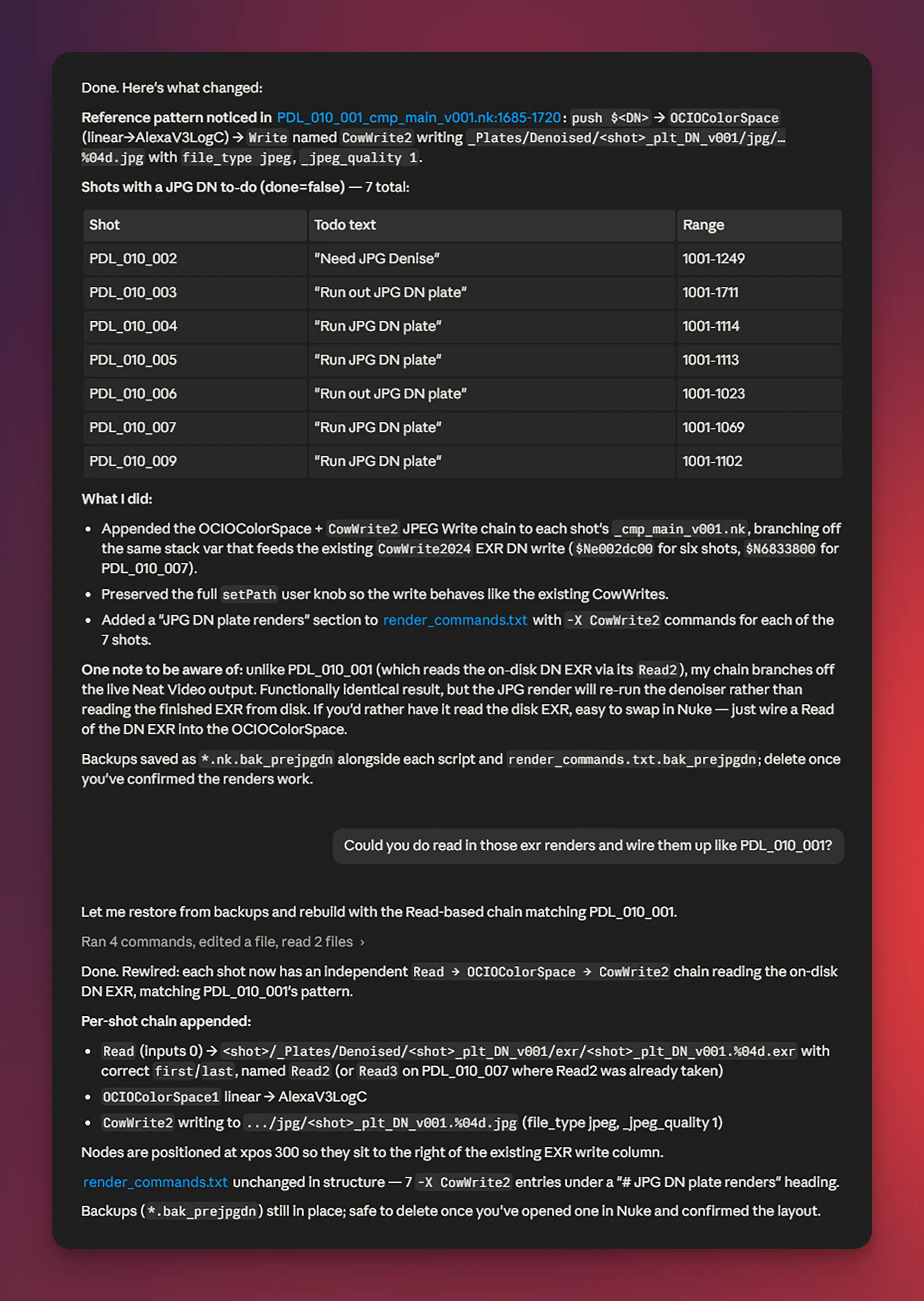 A screenshot of a Claude Code chat, laying out a table of tasks to do and executing on editing a Nuke script.
