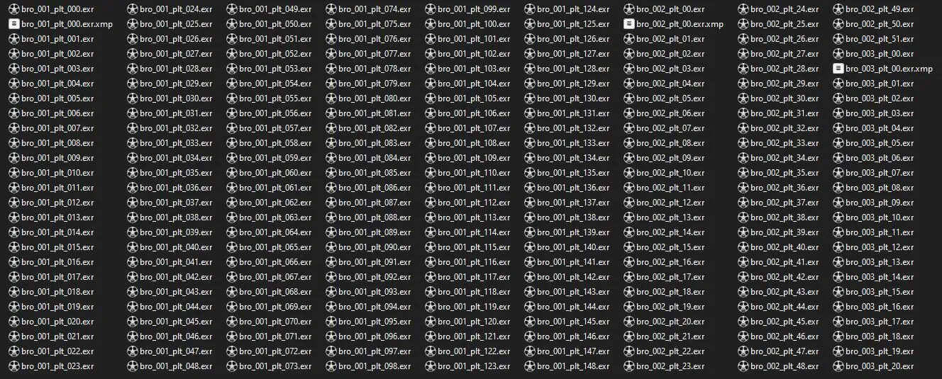 A large list of sequential EXR files in a Windows folder