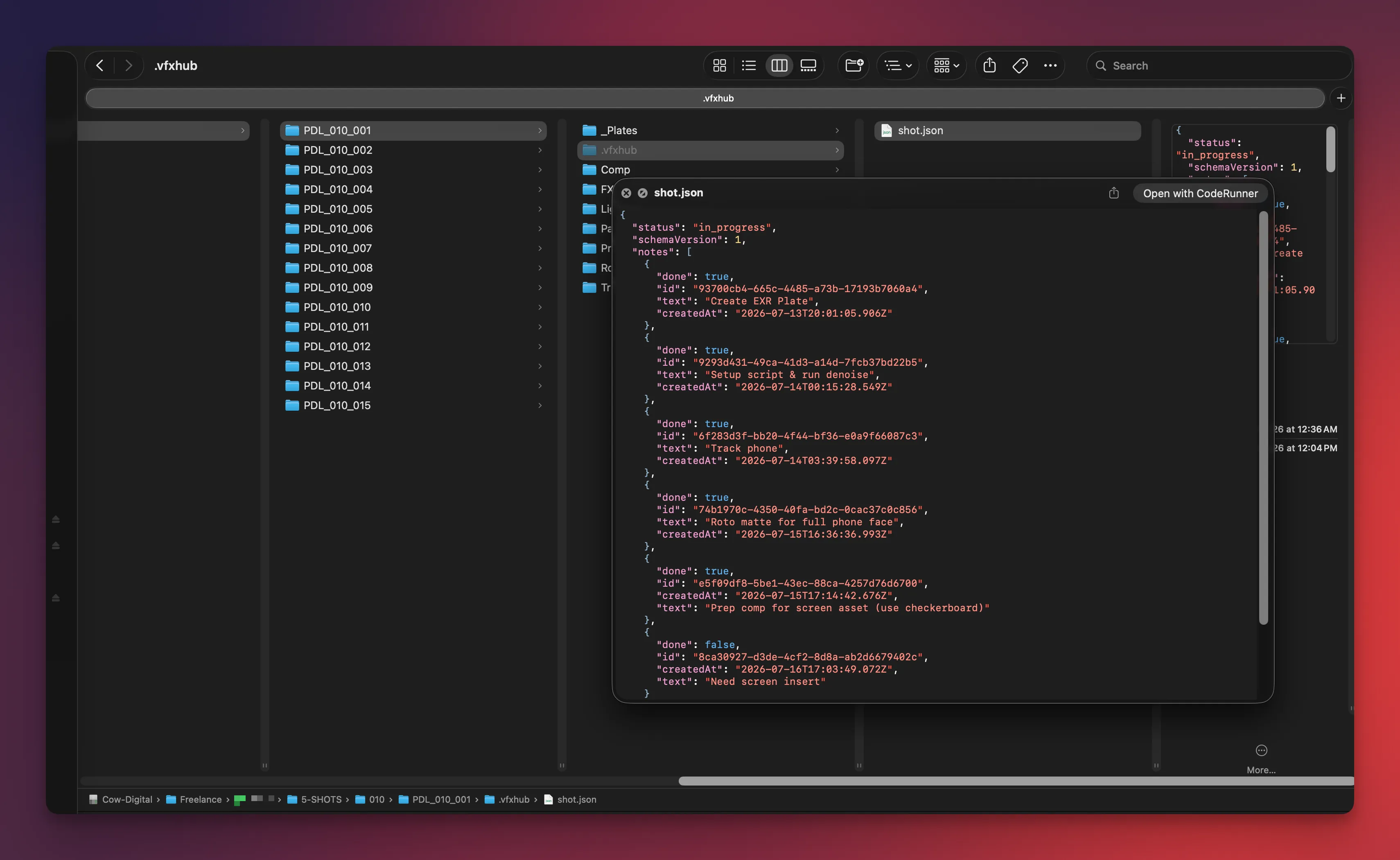 A screenshot of a Mac OS Finder window with JSON code being previewed.