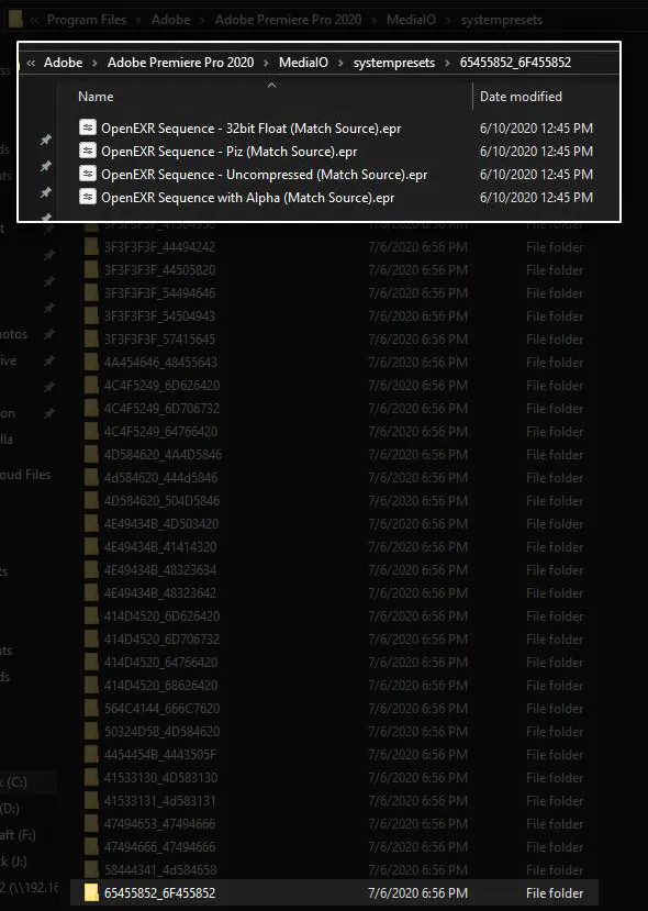 Location of export presets for Premiere
