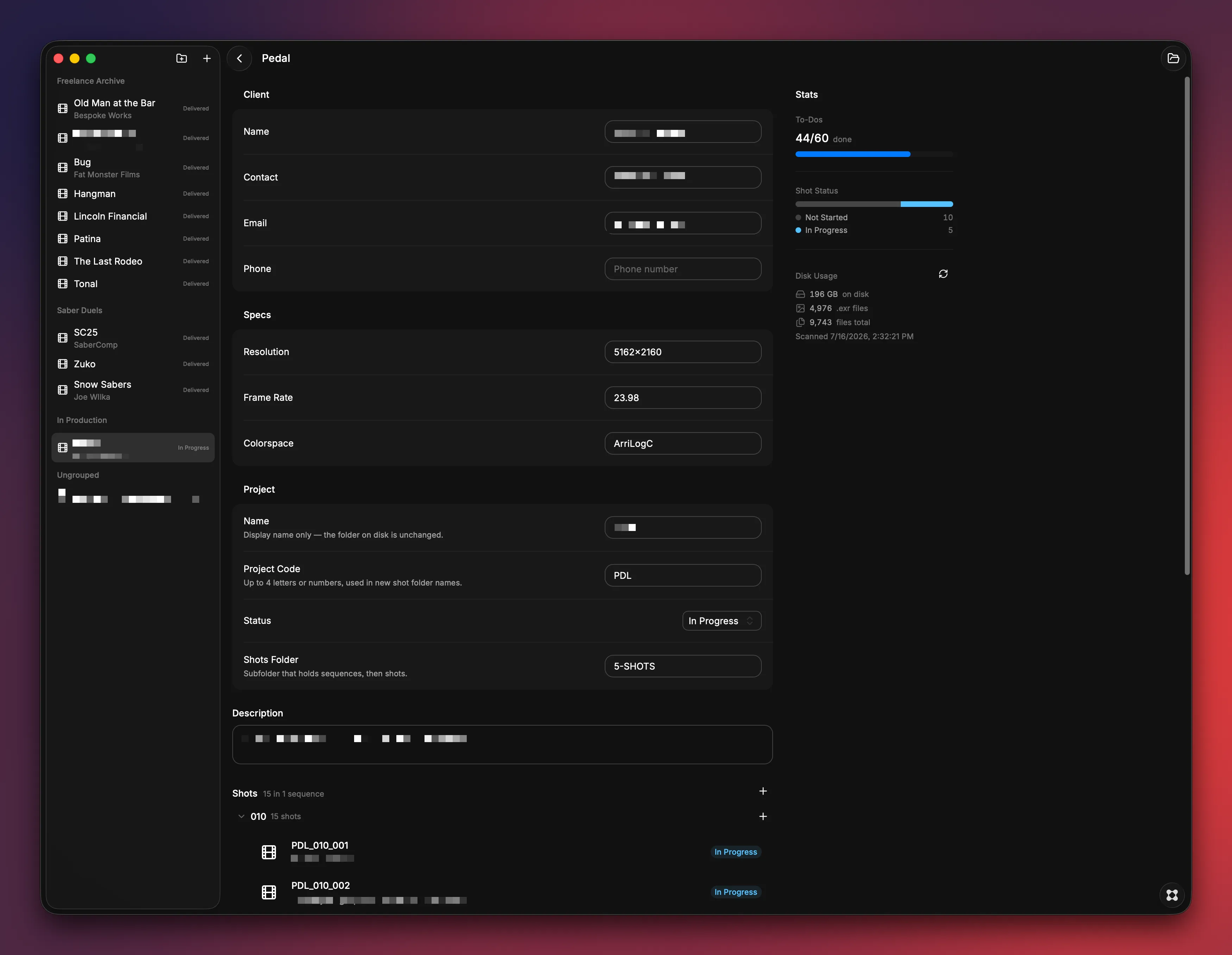A screenshot of VFX Hub, showing a list of projects, project information, and statistics