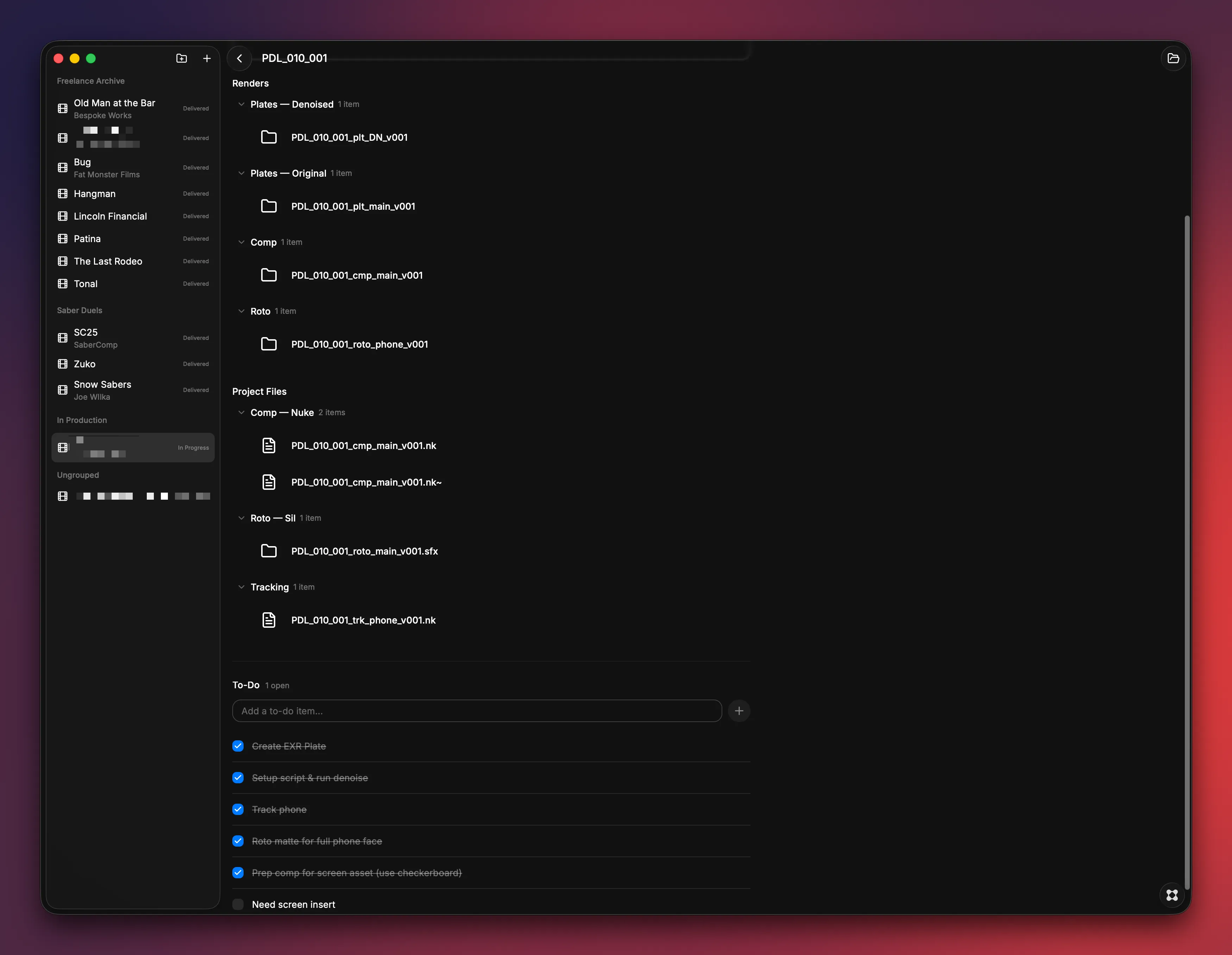 A screenshot of VFX Hub, showing a single shot's list of renders and crossed off to-do items.